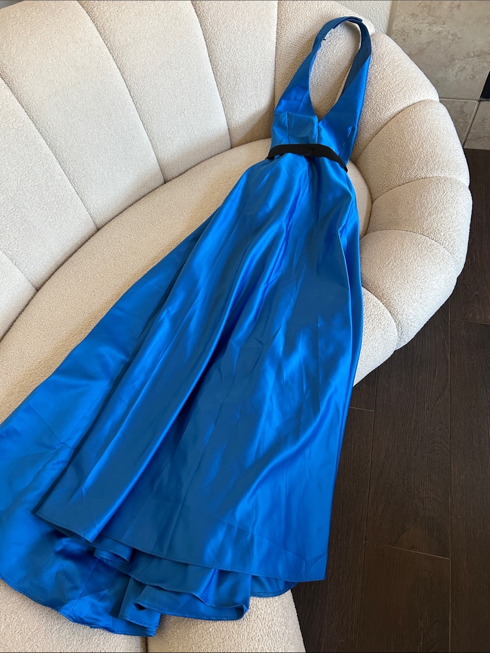 Carolina Herrera Cobalt Blue Halter Satin Gown with Black Waist